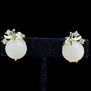 Coro Gold Tone, Clear Rhinestone And White Moonstone Clip On Earrings (5245)